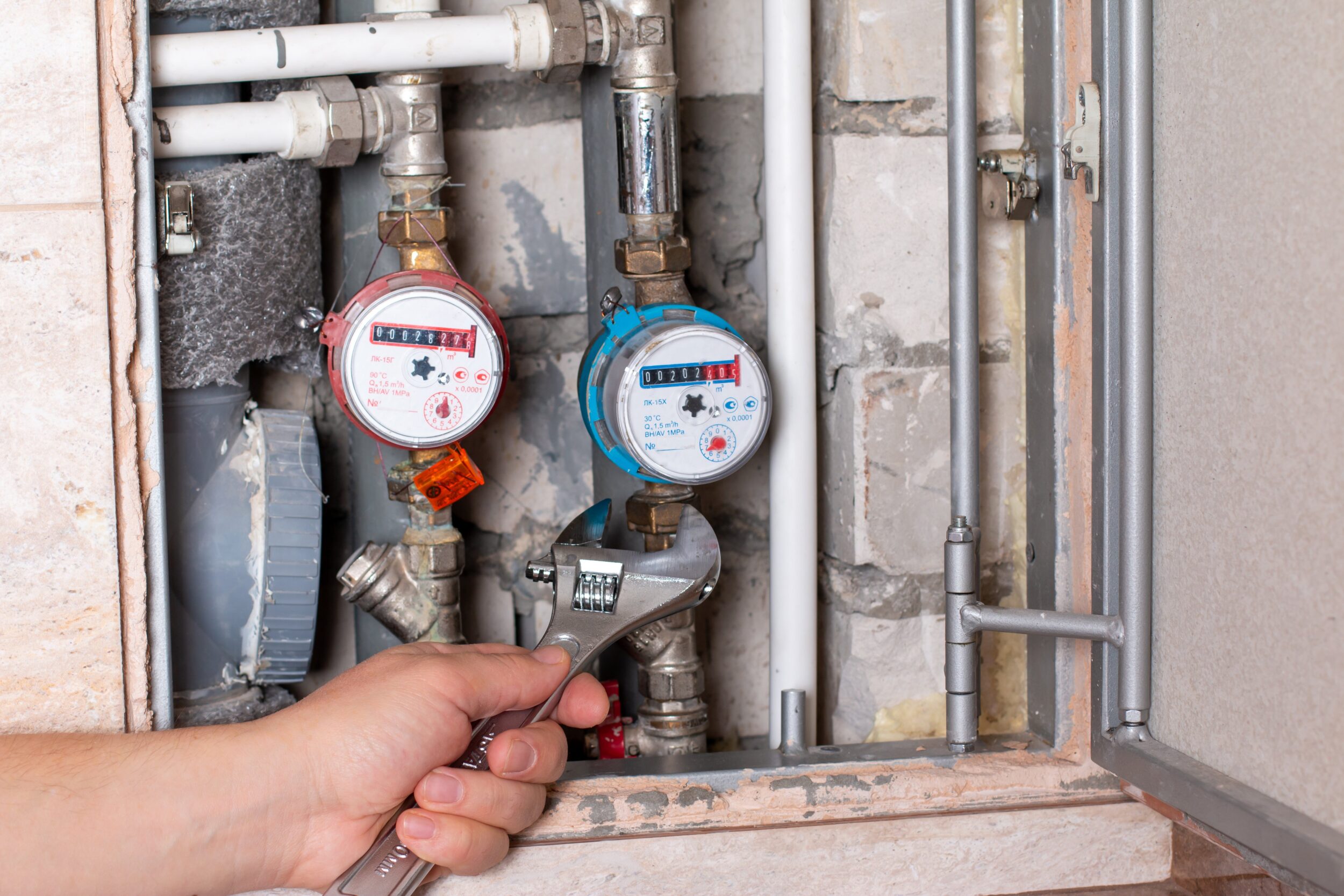 Plumber's hands with wrench while repairing pipes