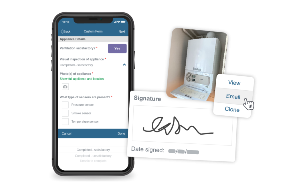 Commusoft mobile custom form with asset photo and customer signature