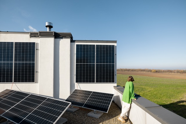 Woman on the rooftop of her house Happy owner of energy-independent household. Inspires people to become a solar panel installer